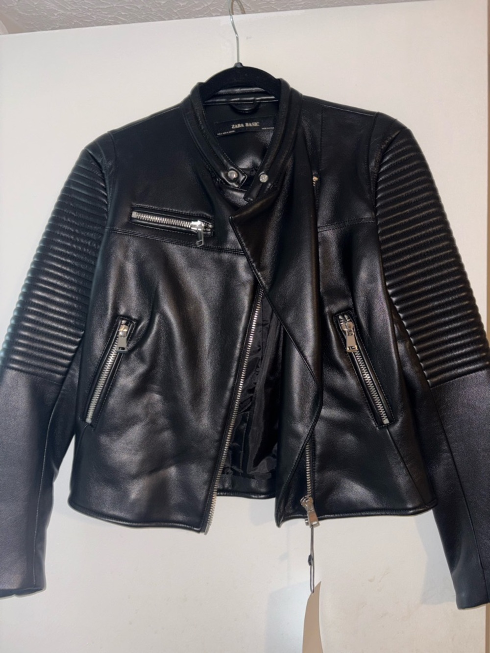 Zara Basic Black Quilted Faux Leather Moto Jacket NWT
